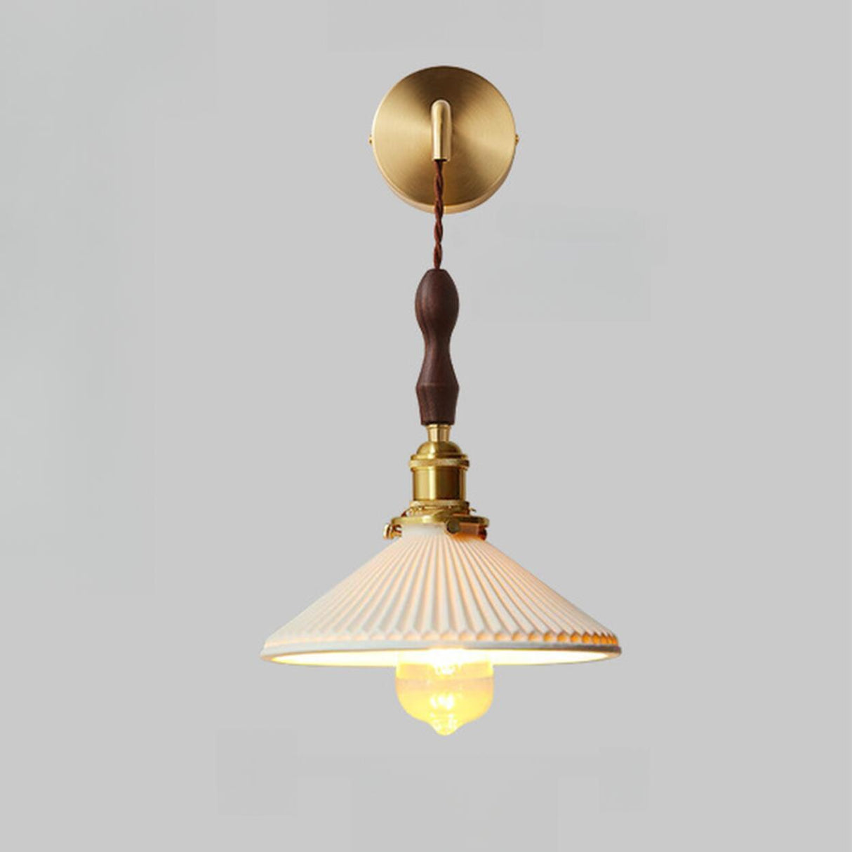 Classic Pleated Shade Walnut Metal Cone Wall Sconce Image - 9