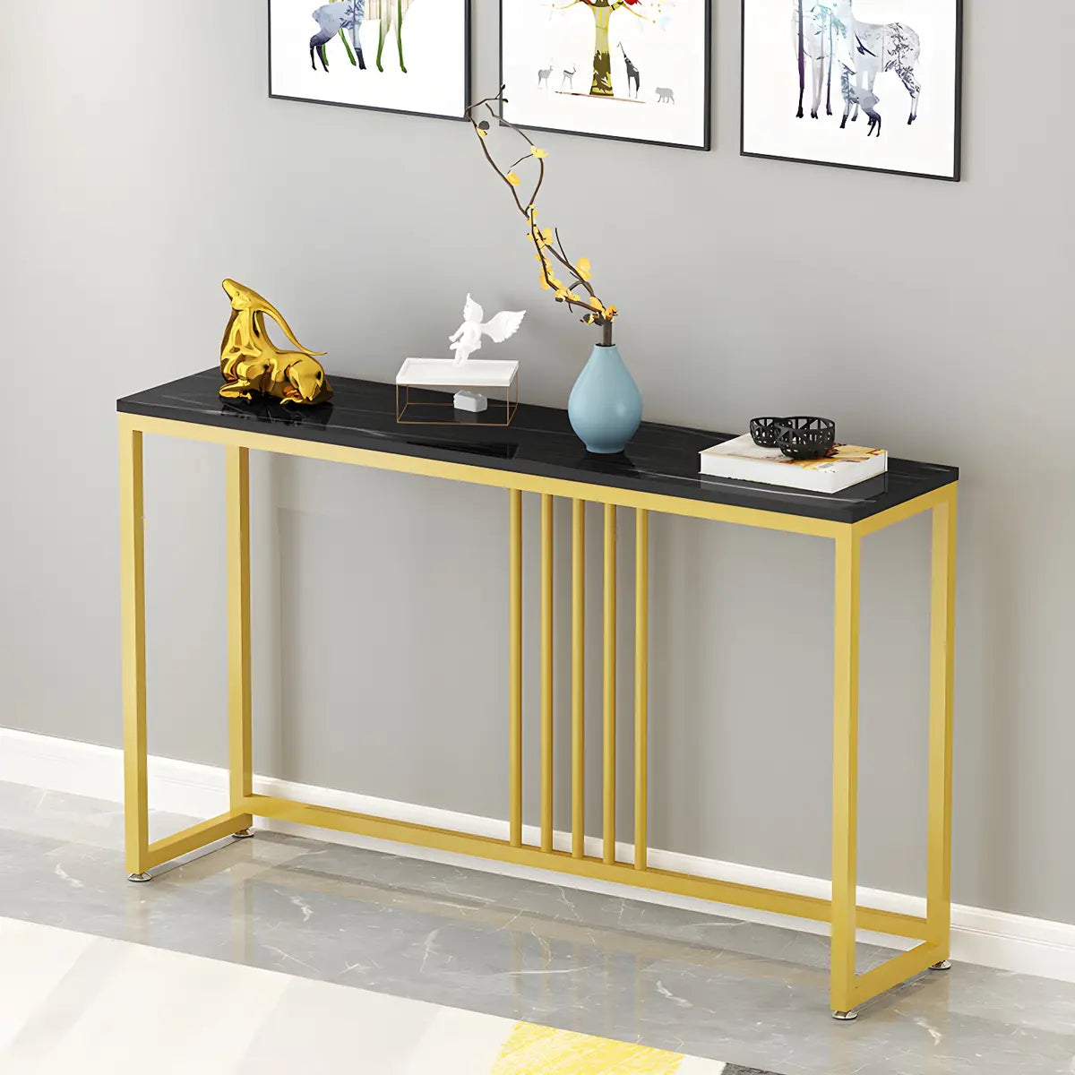 Classic Rectangle Gold Black Metal Wood Console Table Image - 11