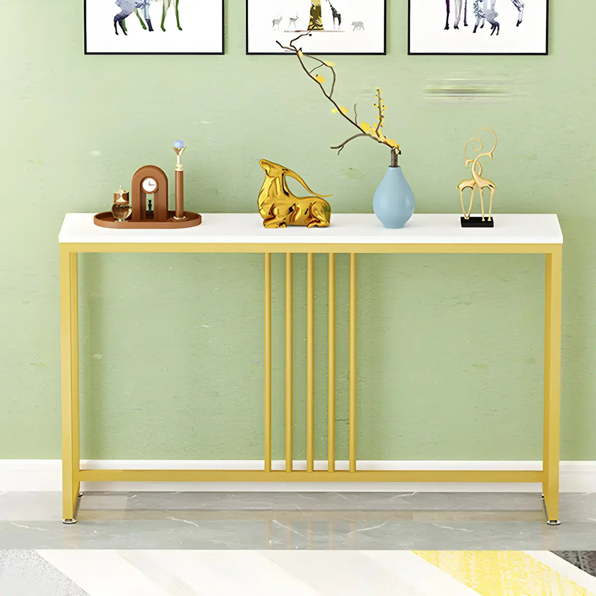 Classic Rectangle Gold Black Metal Wood Console Table Image - 17