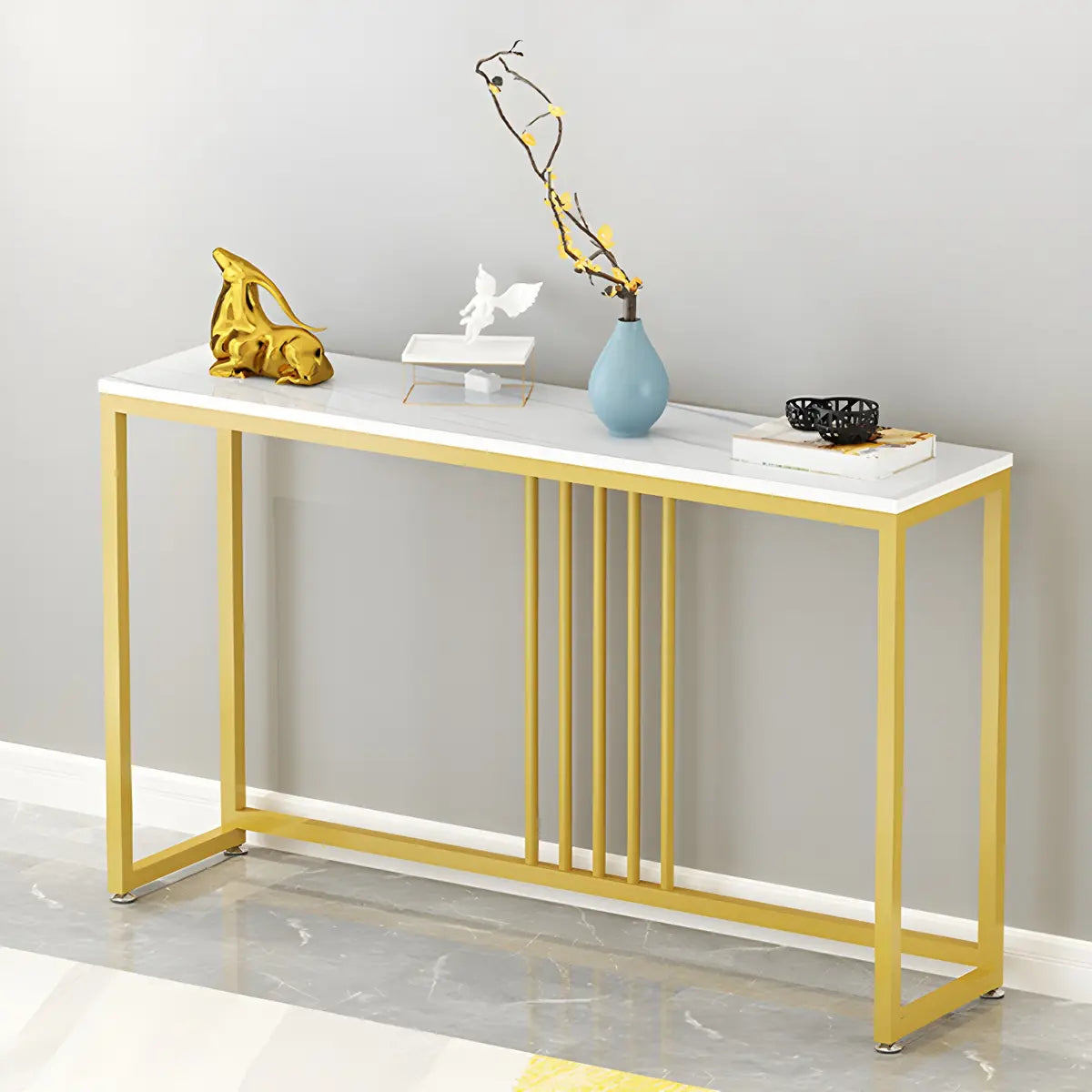 Classic Rectangle Gold Black Metal Wood Console Table Image - 18