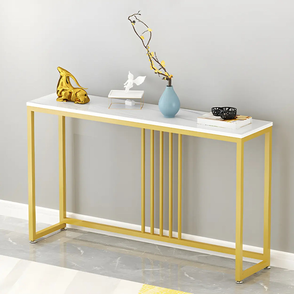 Classic Rectangle Gold Black Metal Wood Console Table Image - 18