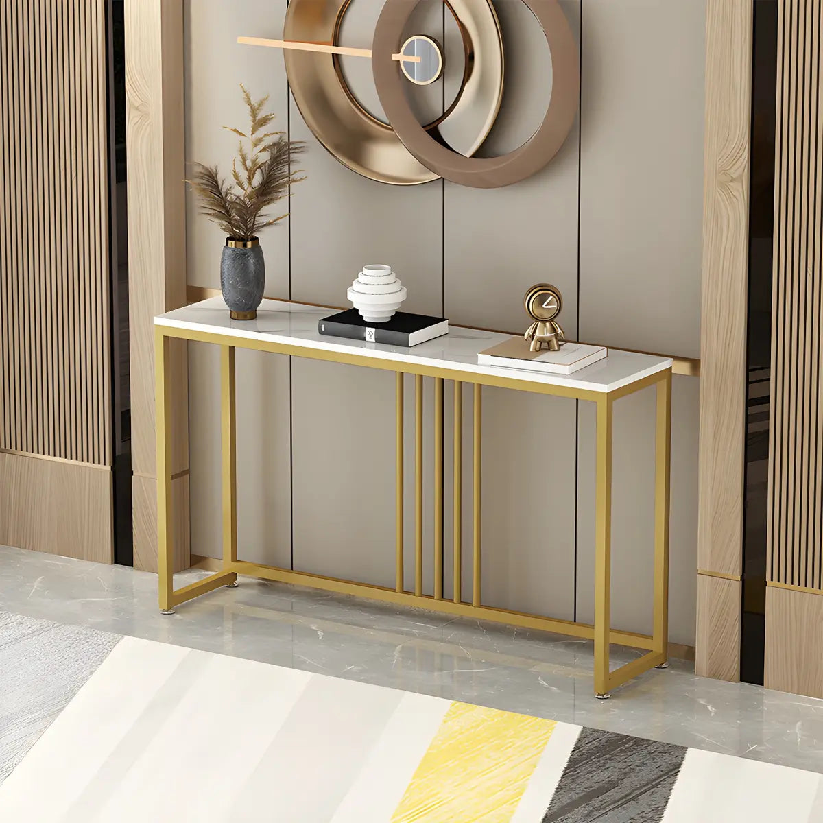 Classic Rectangle Gold Black Metal Wood Console Table Image - 3