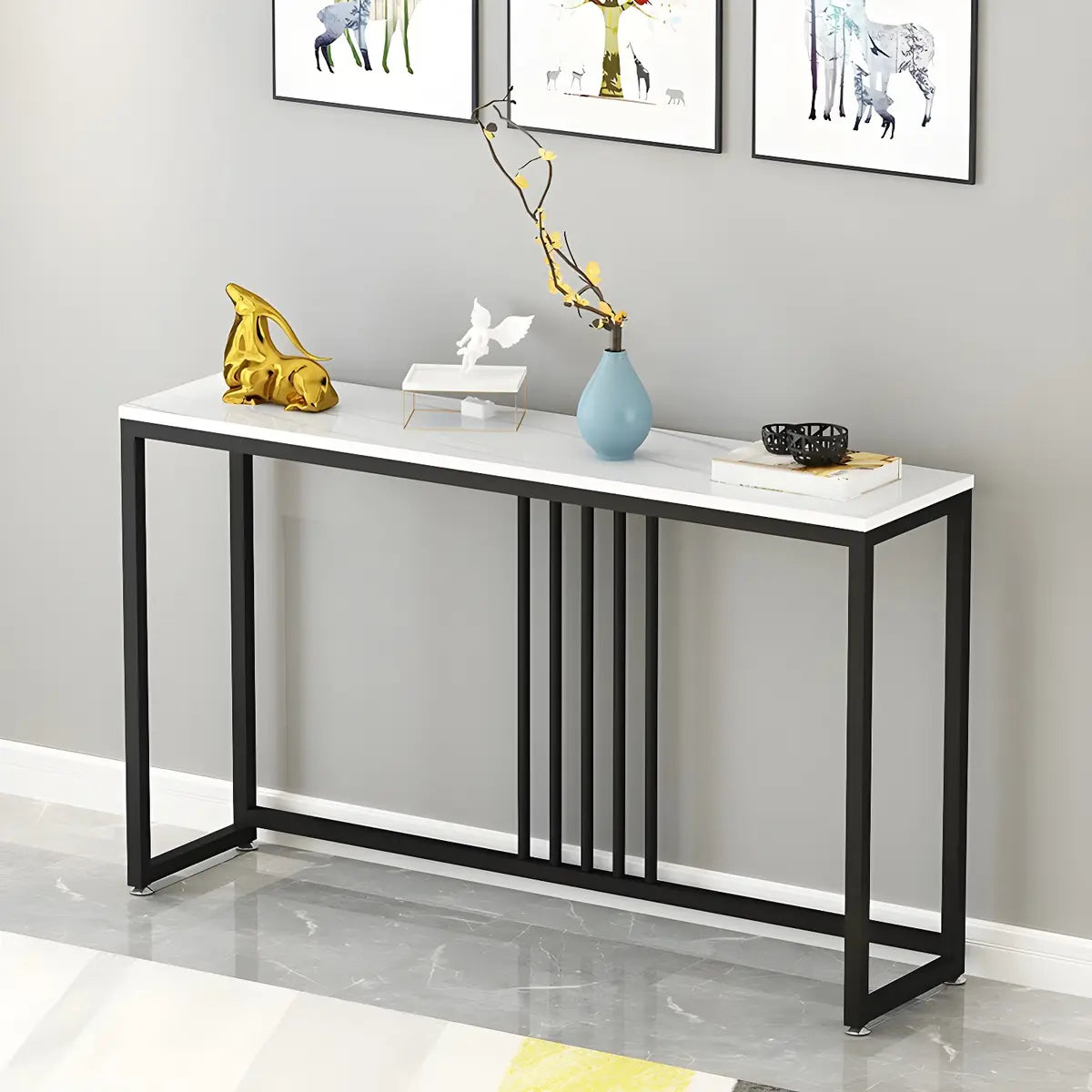 Classic Rectangle Gold Black Metal Wood Console Table Image - 4