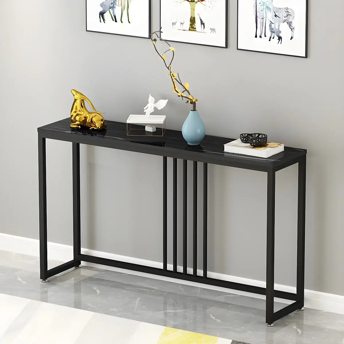 Classic Rectangle Gold Black Metal Wood Console Table Image - 5