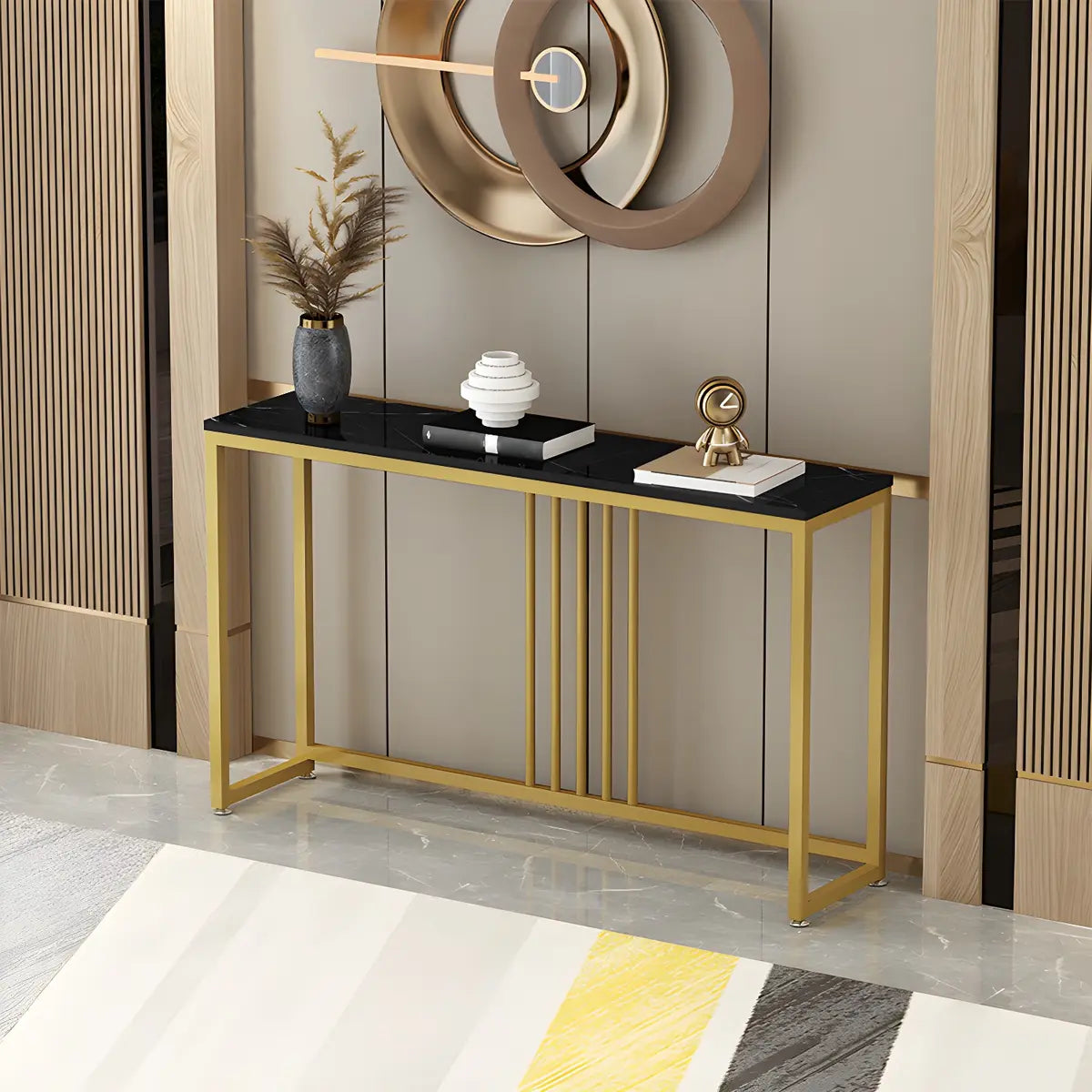 Classic Rectangle Gold Black Metal Wood Console Table Image - 6