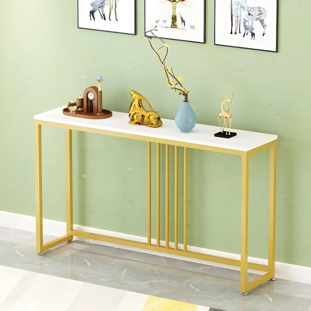 Classic Rectangle Gold Black Metal Wood Console Table Image - 8