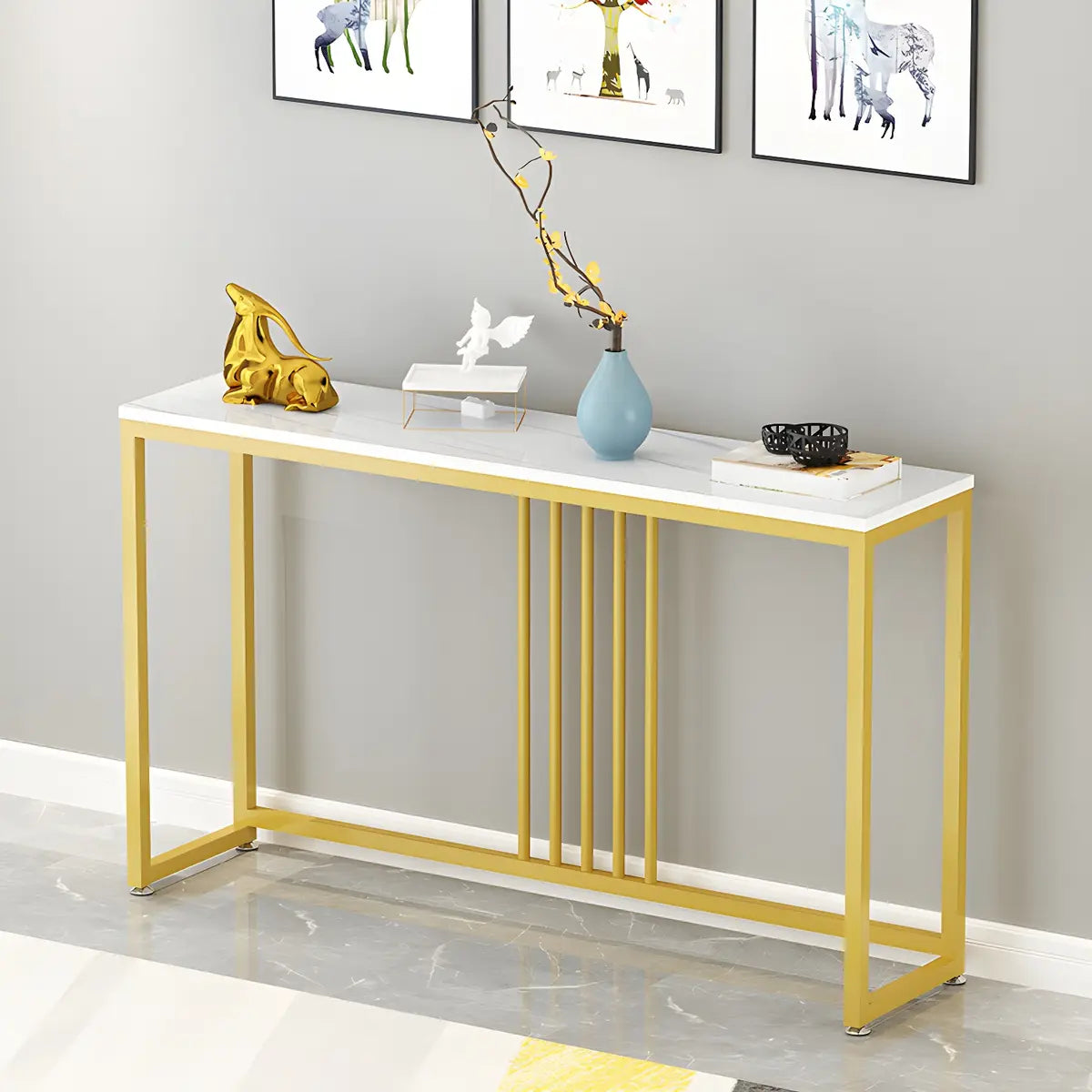 Classic Rectangle Gold Black Metal Wood Console Table Image - 9