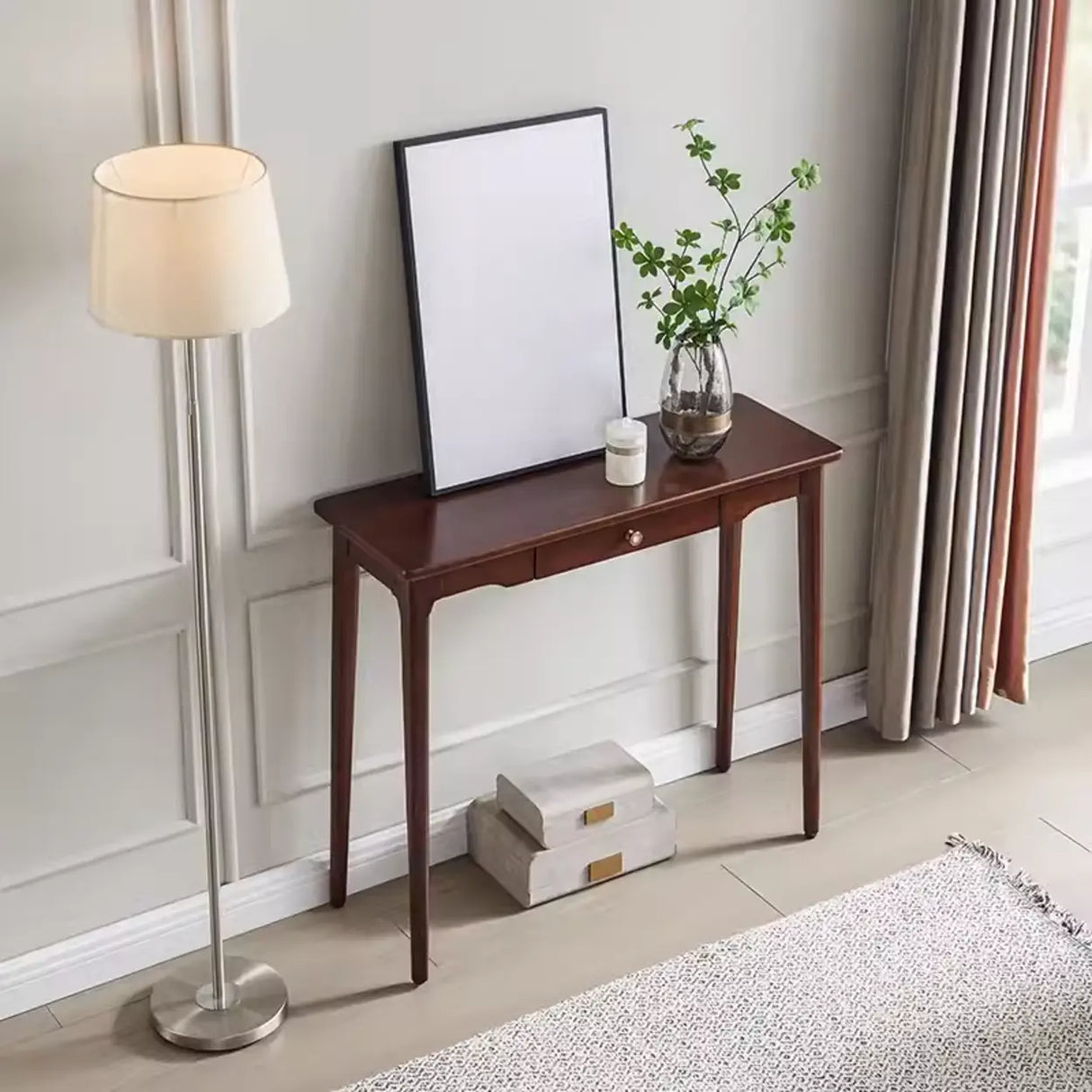 Classic Rectangular Rubberwood Brown Storage Console Table Image - 3