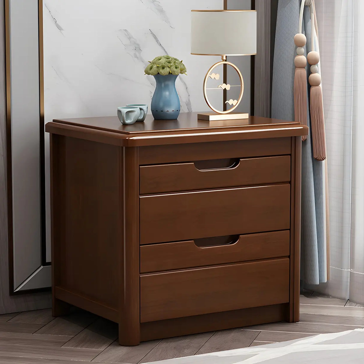 Classic Rectangular Wood Natural Storage Nightstand Image - 17