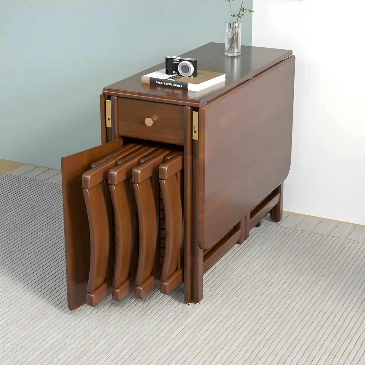Classic Rectangular Wood  Storage Folding Dining Table Image - 11
