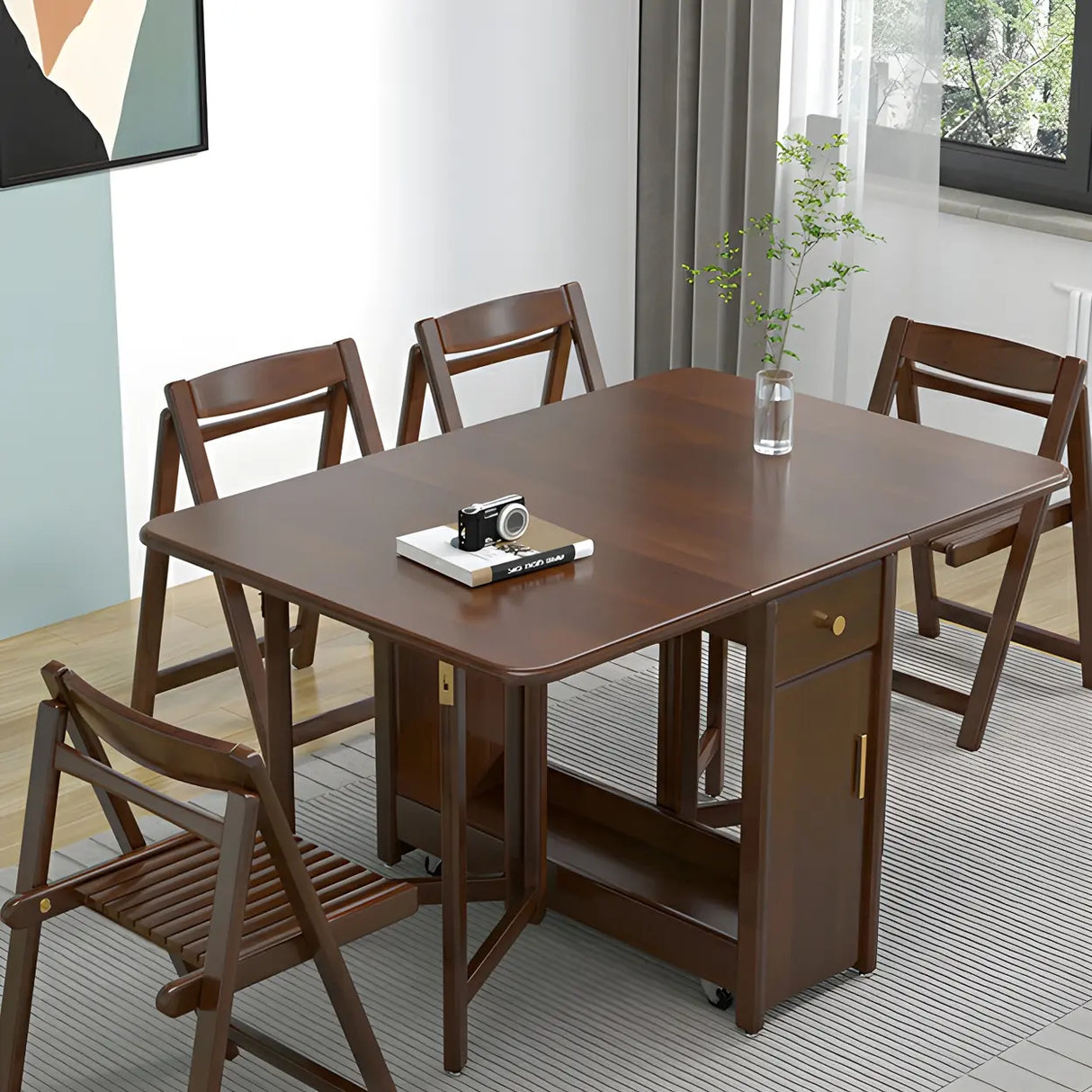 Classic Rectangular Wood  Storage Folding Dining Table Image - 6