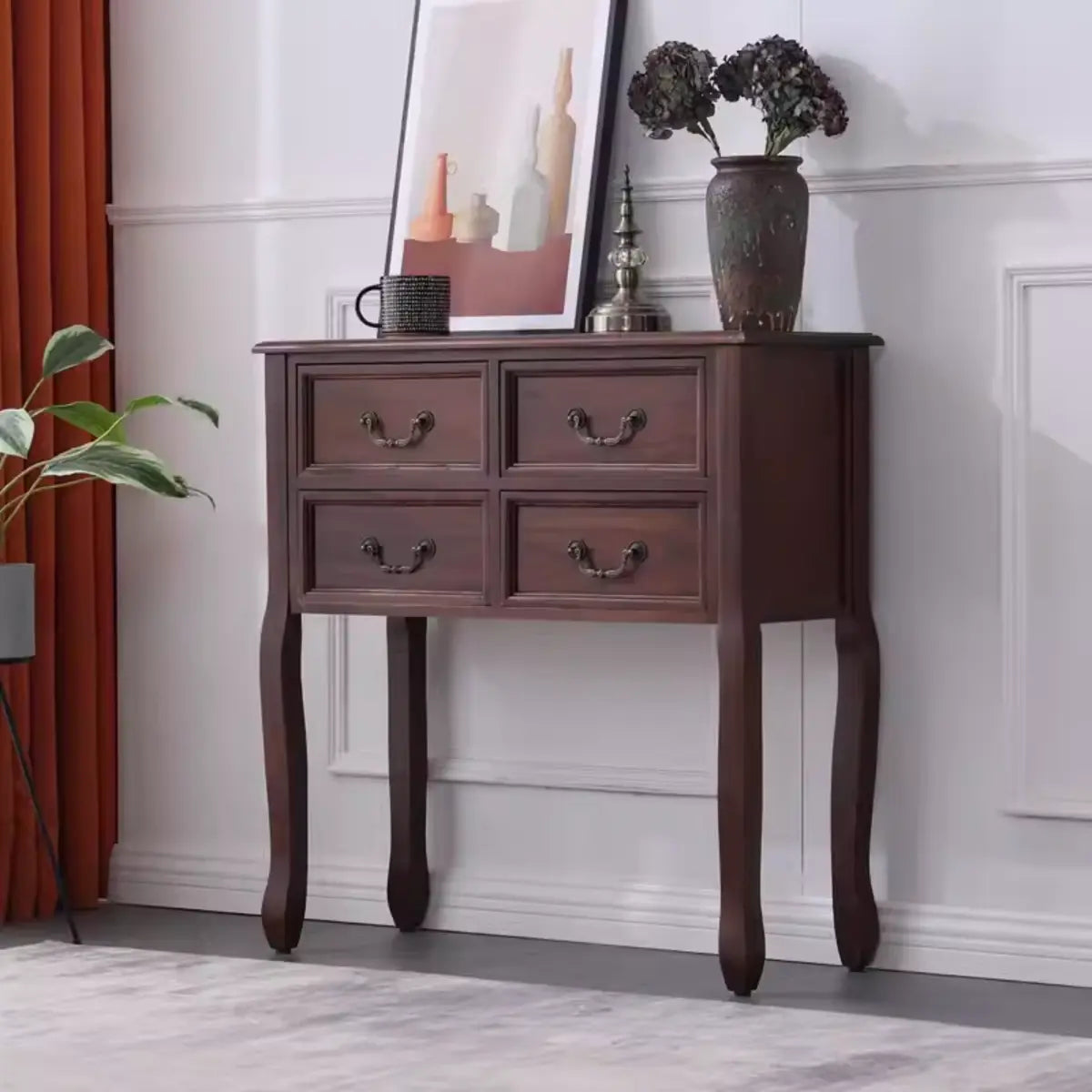 Classic Rectangular Wooden Brown Storage Console Table Image - 11