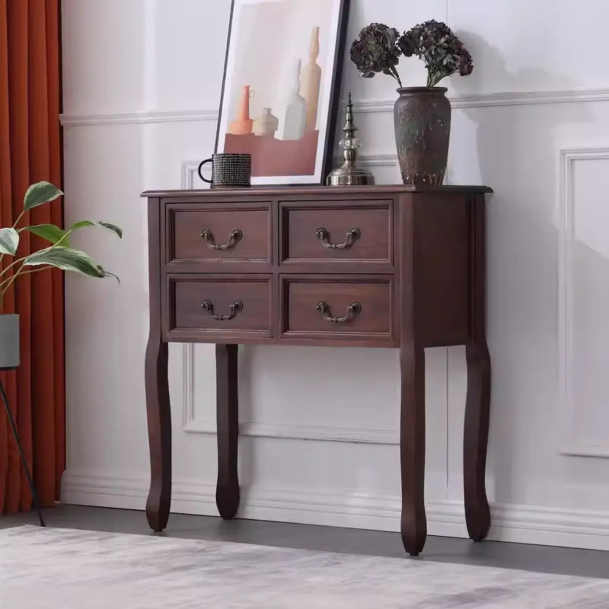 Classic Rectangular Wooden Brown Storage Console Table Image - 11