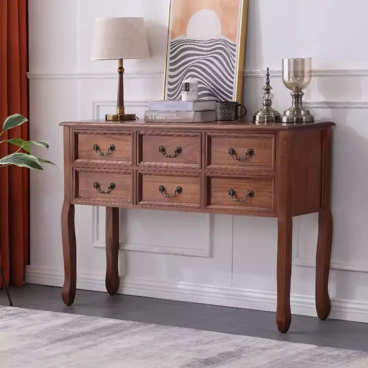 Classic Rectangular Wooden Brown Storage Console Table Image - 13