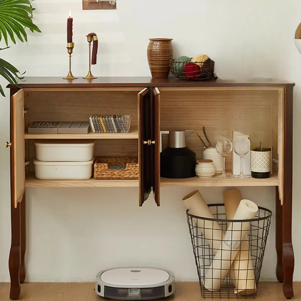 Classic Rectangular Wooden Brown Storage Console Table Image - 16