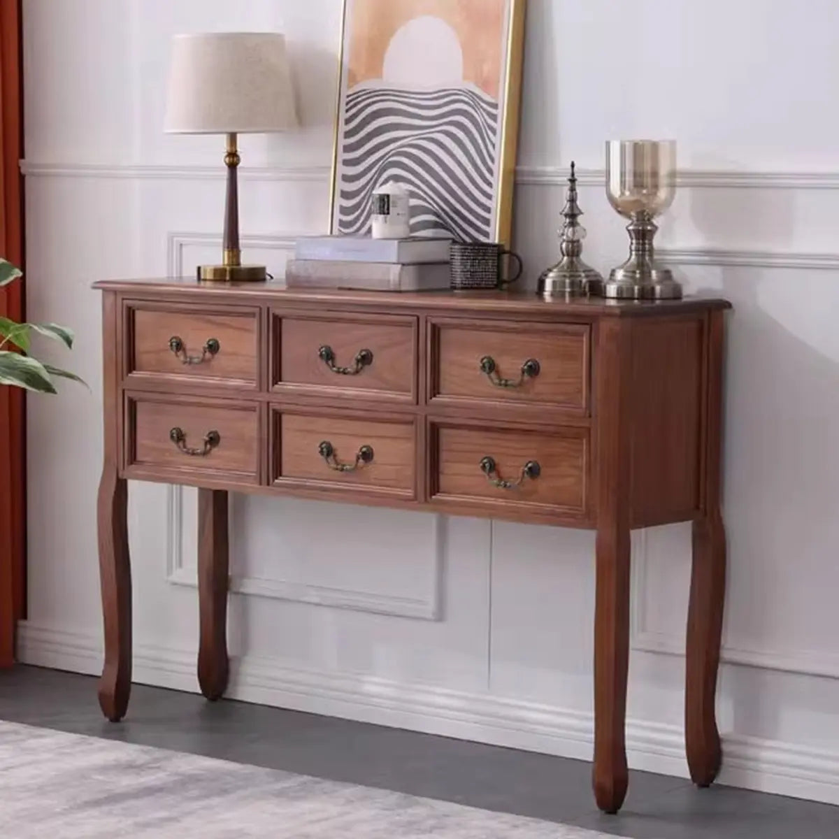 Classic Rectangular Wooden Brown Storage Console Table Image - 17