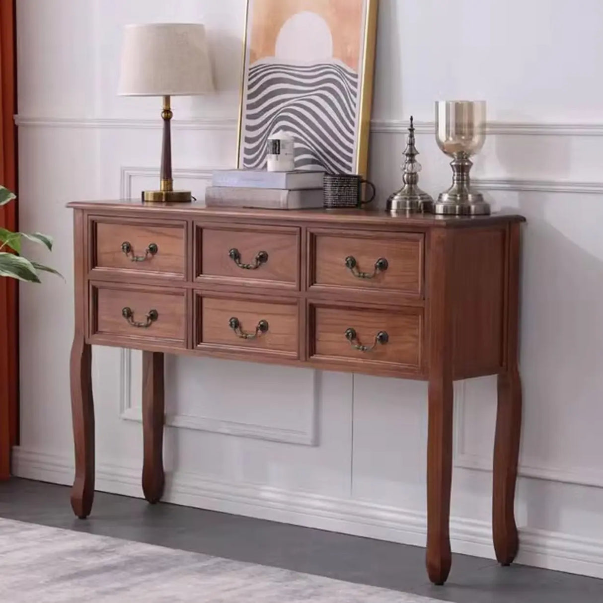Classic Rectangular Wooden Brown Storage Console Table Image - 17