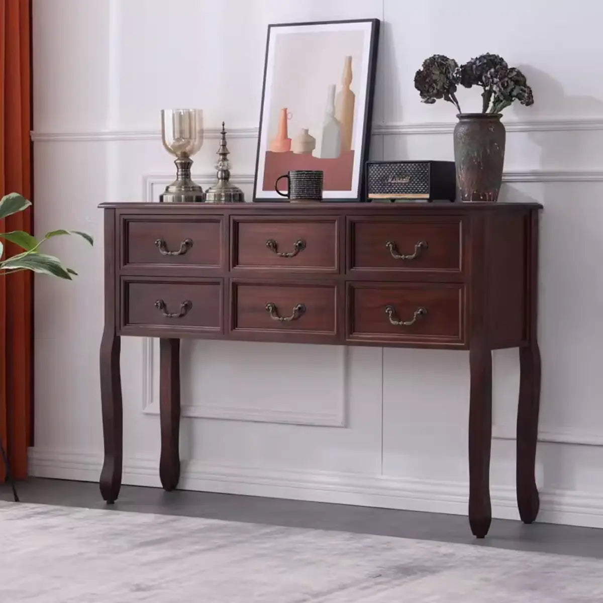Classic Rectangular Wooden Brown Storage Console Table Image - 7