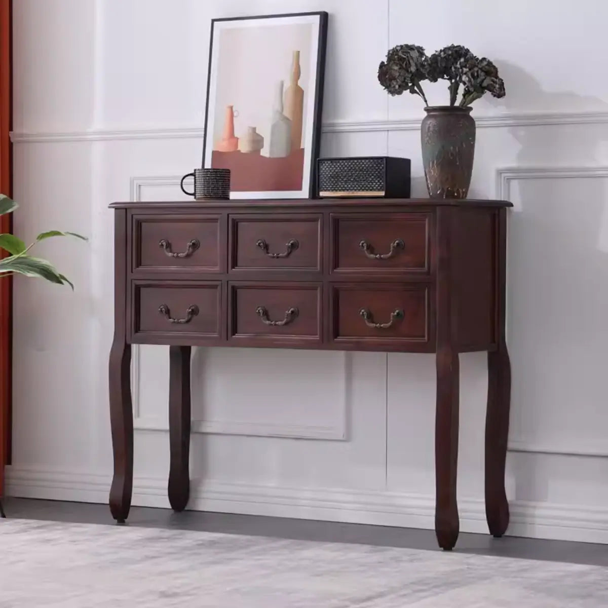 Classic Rectangular Wooden Brown Storage Console Table Image - 9