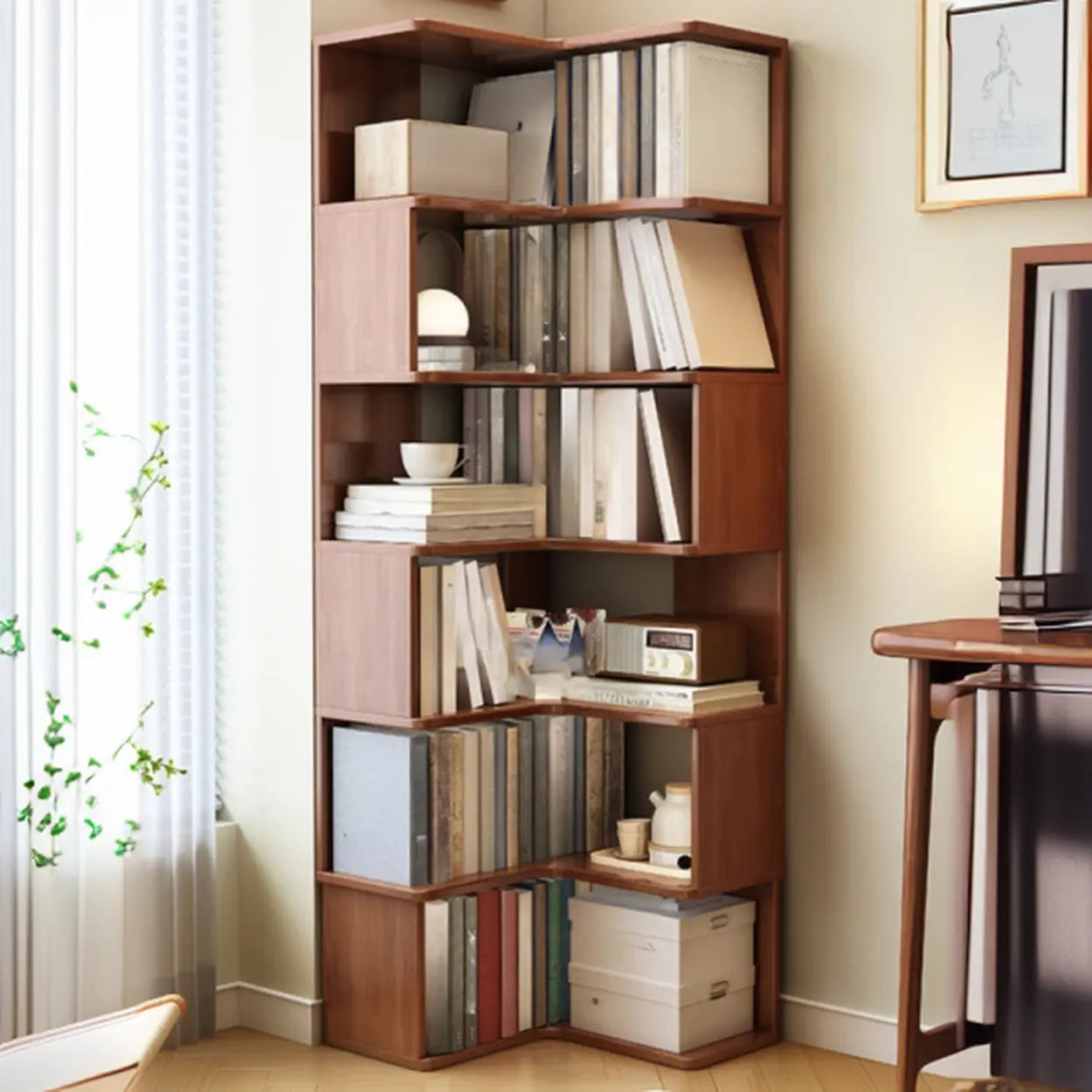 Classic Rubberwood L-Shape Corner Tall Bookcase Brown Image - 1