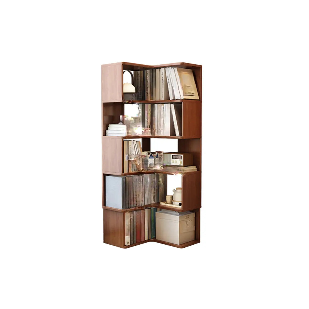Classic Rubberwood L-Shape Corner Tall Bookcase Brown Image - 15