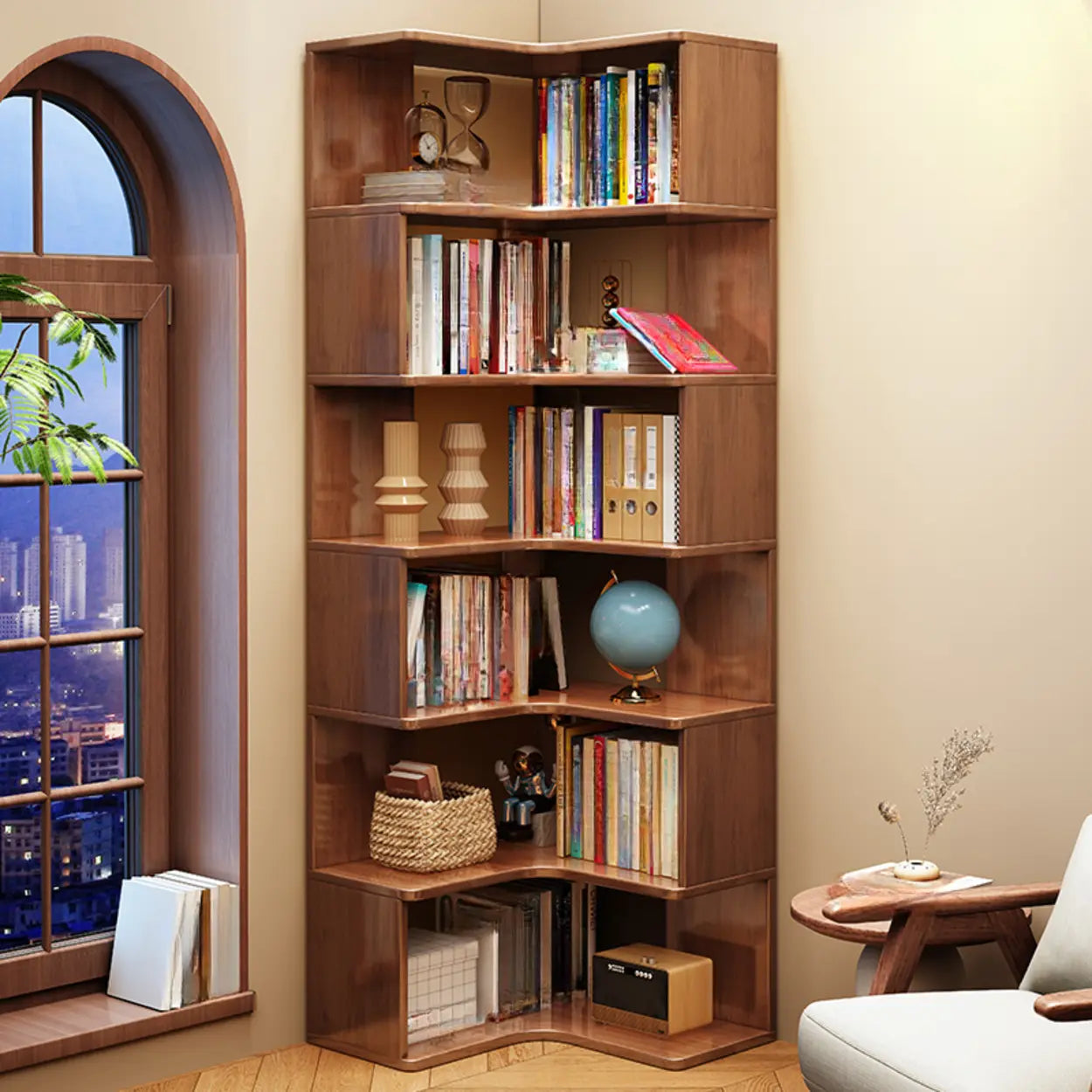 Classic Rubberwood L-Shape Corner Tall Bookcase Brown Image - 2