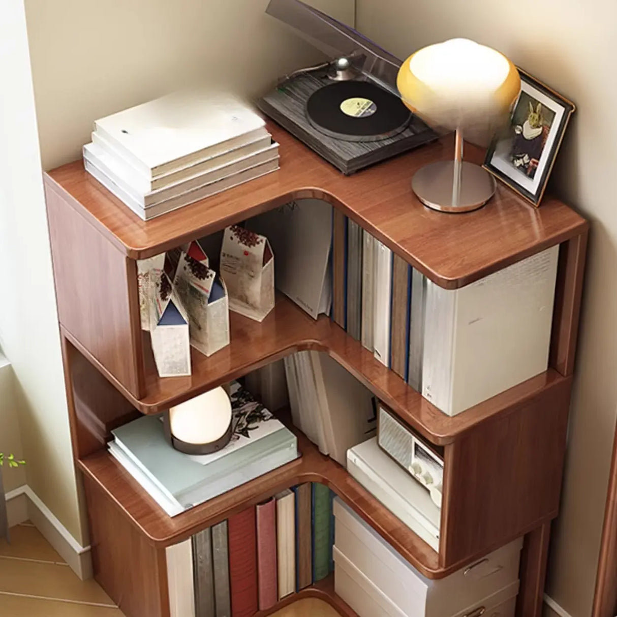 Classic Rubberwood L-Shape Corner Tall Bookcase Brown Image - 7