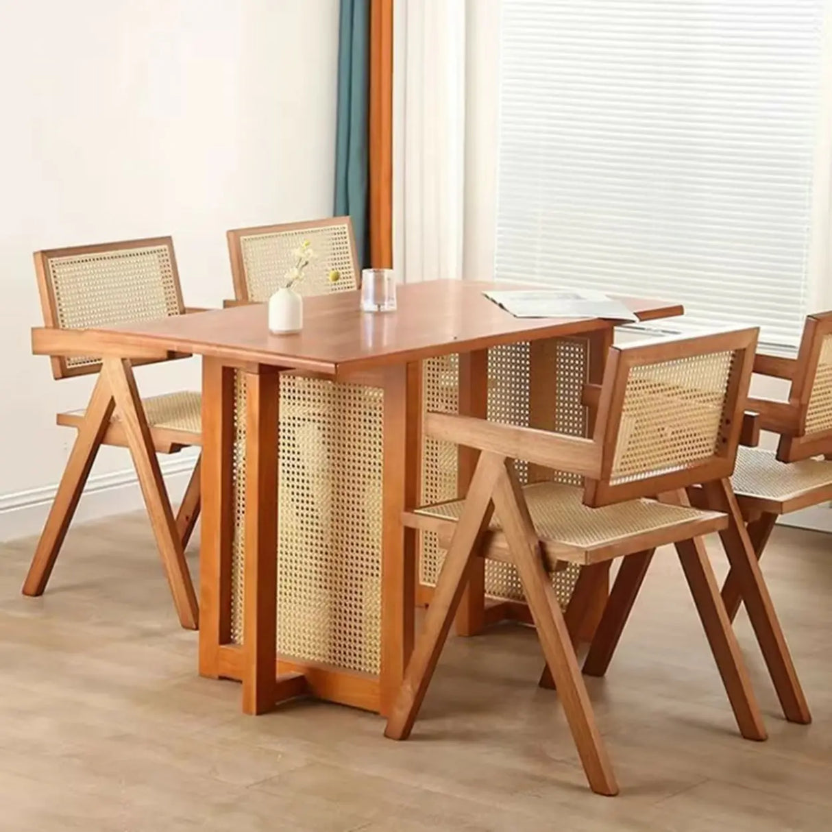 Classic Rubberwood Wicker Rattan Dining Chair with Arms Image - 20