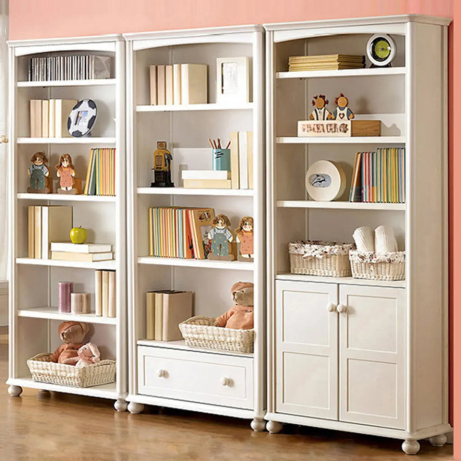 Classic white rectangular wood storage bookcase system with shelves drawers and cabinets