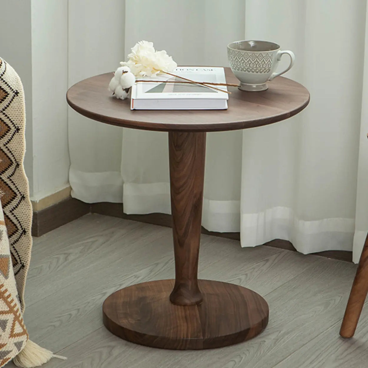 Classic Small Round Walnut Wood Side Table with Pedestal Base Image - 4