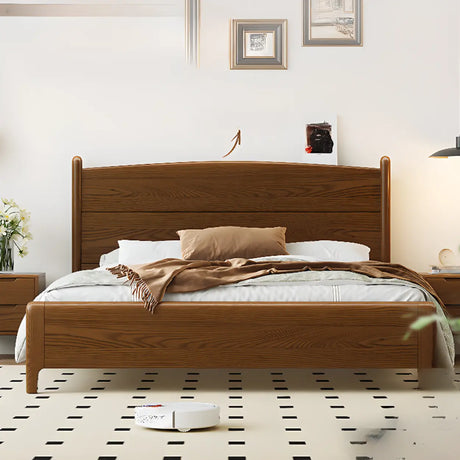 Classic Solid Wood Brown Queen Panel Bed with Headboard Image - 1