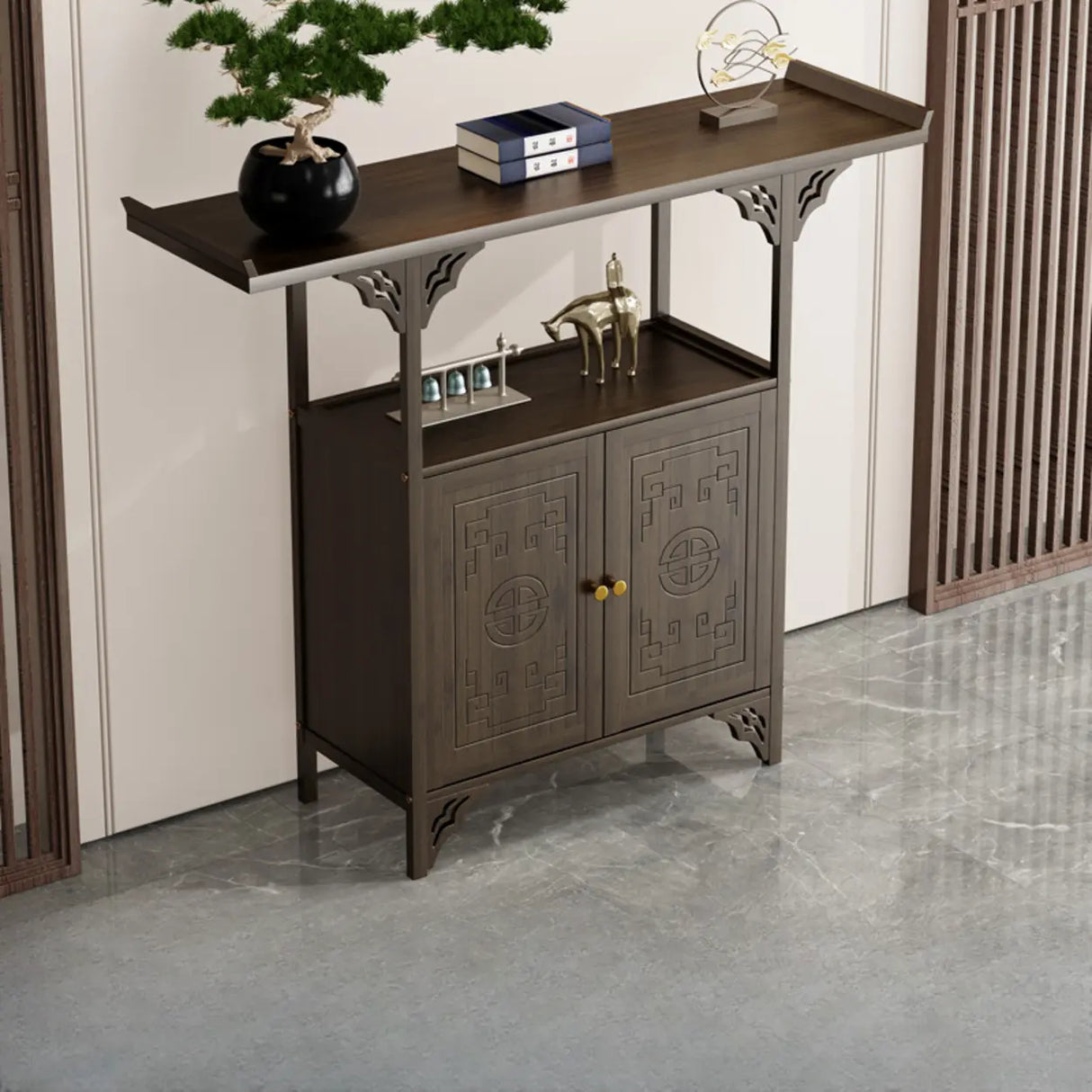 Classic Storage Brown Wood Console Table with Cabinet Image - 16