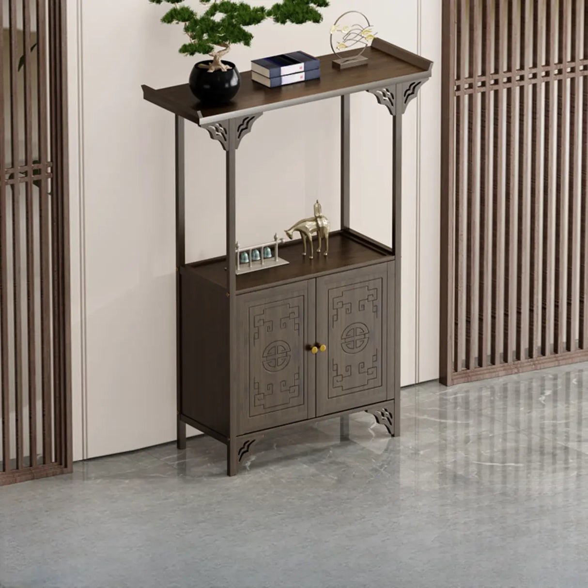 Classic Storage Brown Wood Console Table with Cabinet Image - 17