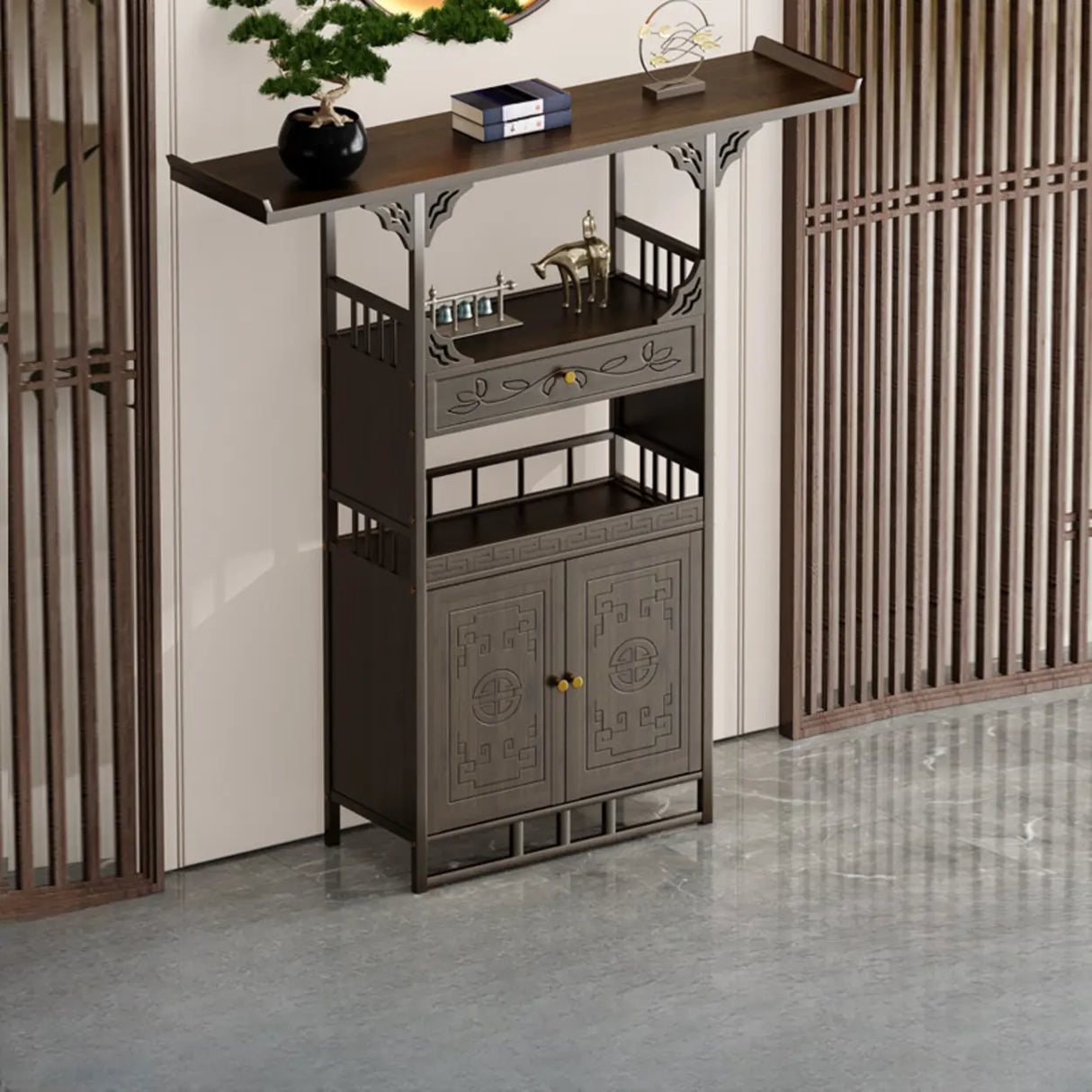 Classic Storage Brown Wood Console Table with Cabinet Image - 19