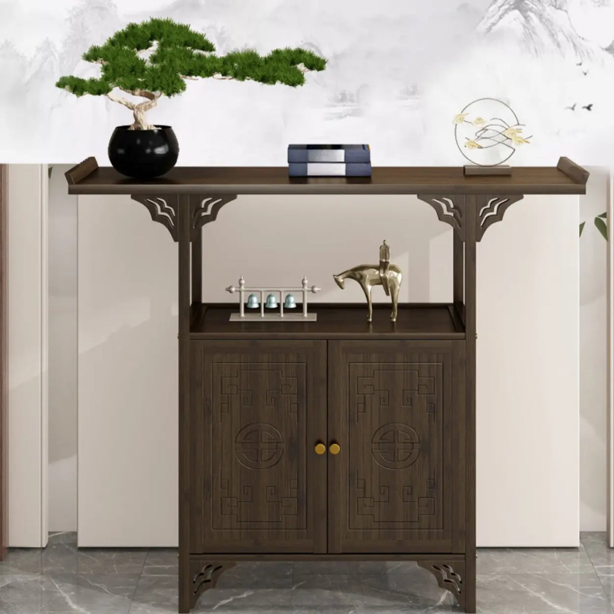 Classic Storage Brown Wood Console Table with Cabinet Image - 3