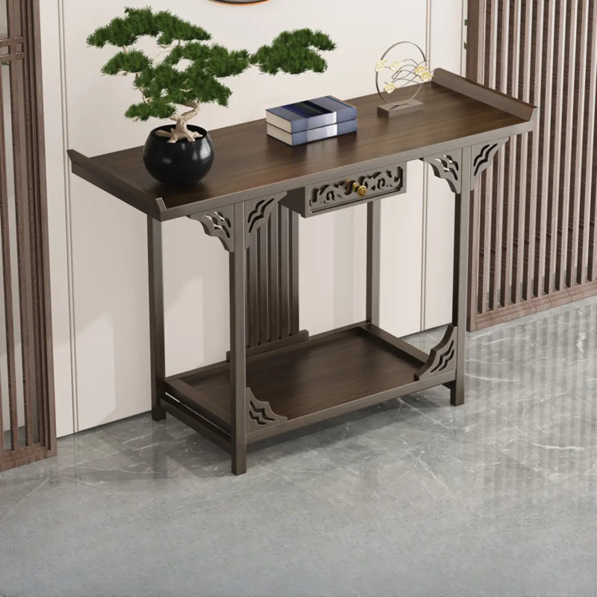 Classic Storage Brown Wood Console Table with Cabinet Image - 10