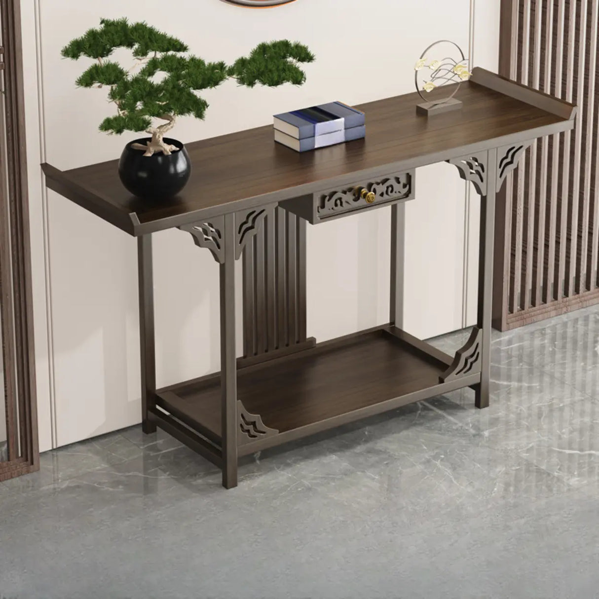 Classic Storage Brown Wood Console Table with Cabinet Image - 11