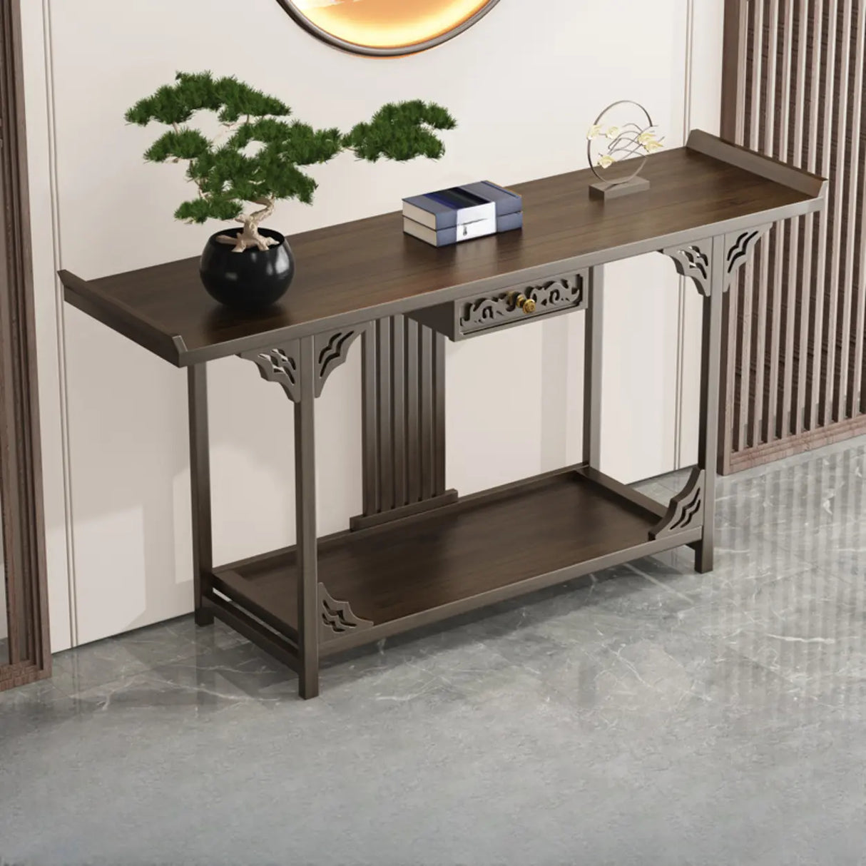 Classic Storage Brown Wood Console Table with Cabinet Image - 14