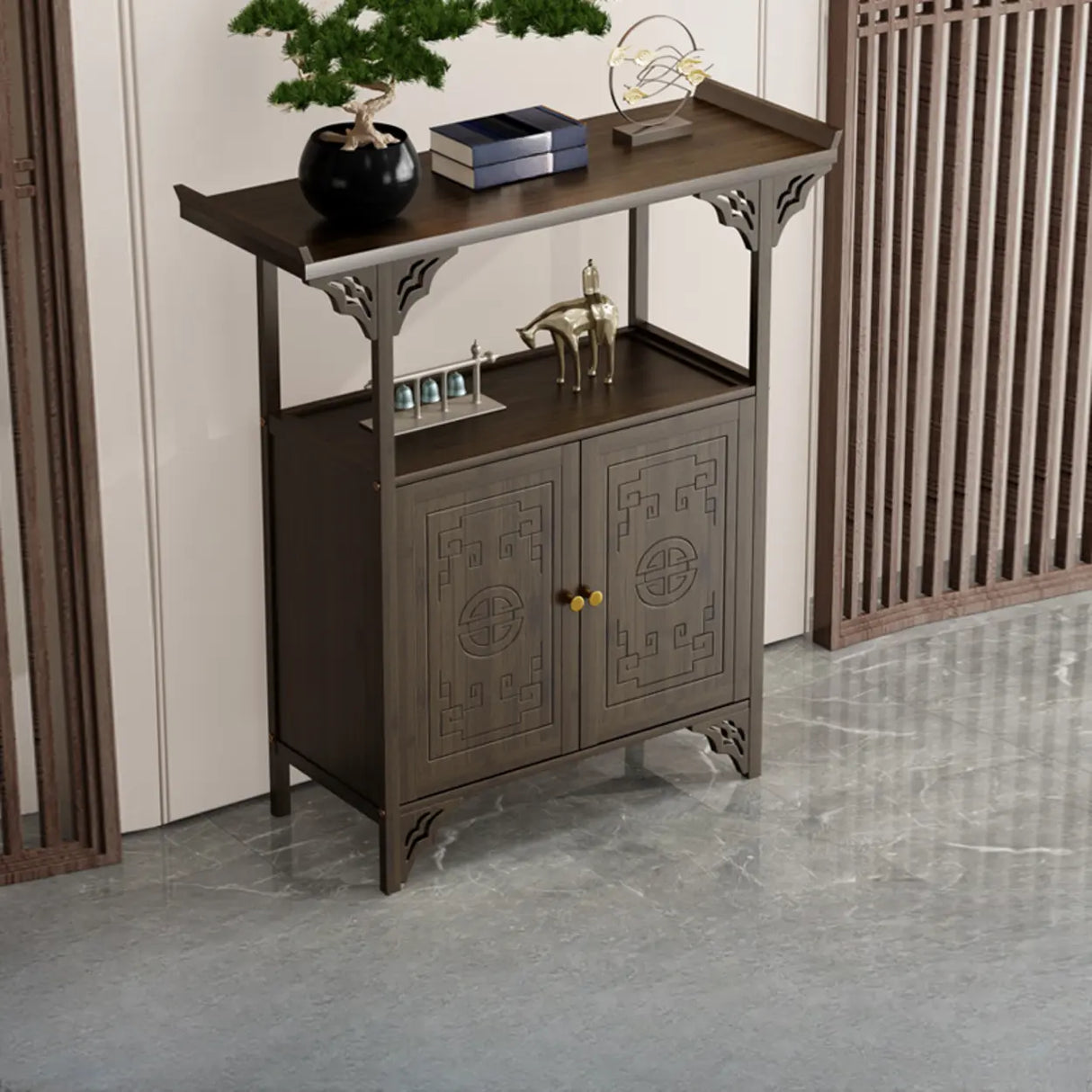 Classic Storage Brown Wood Console Table with Cabinet Image - 15