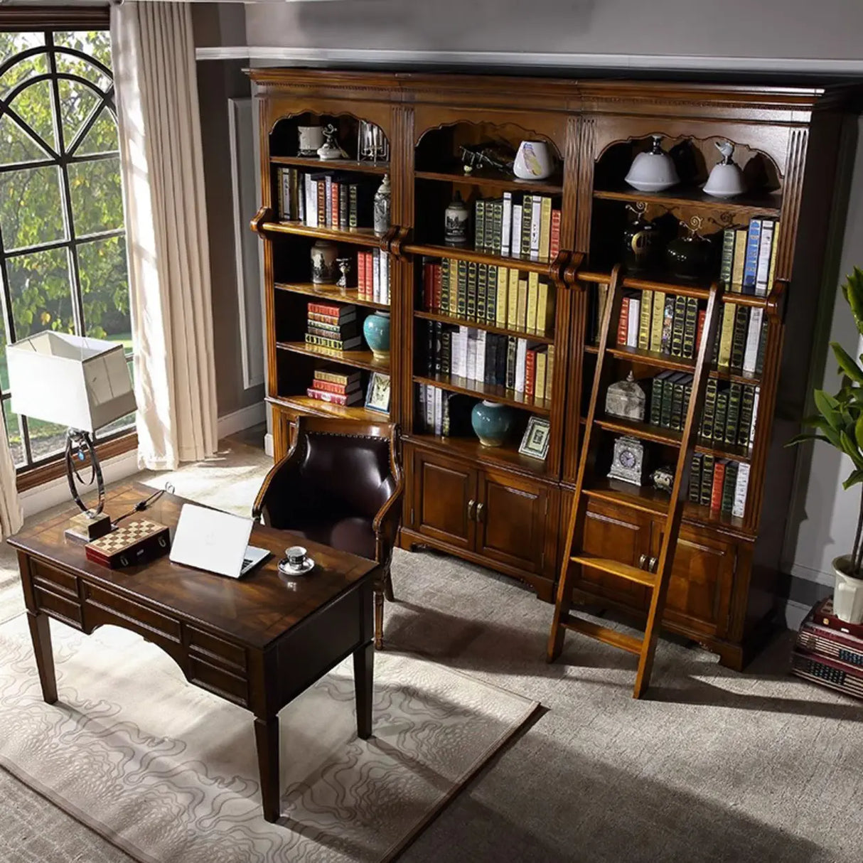 Classic Storage Cabinet Brown Wooden Large Bookcase Image - 1