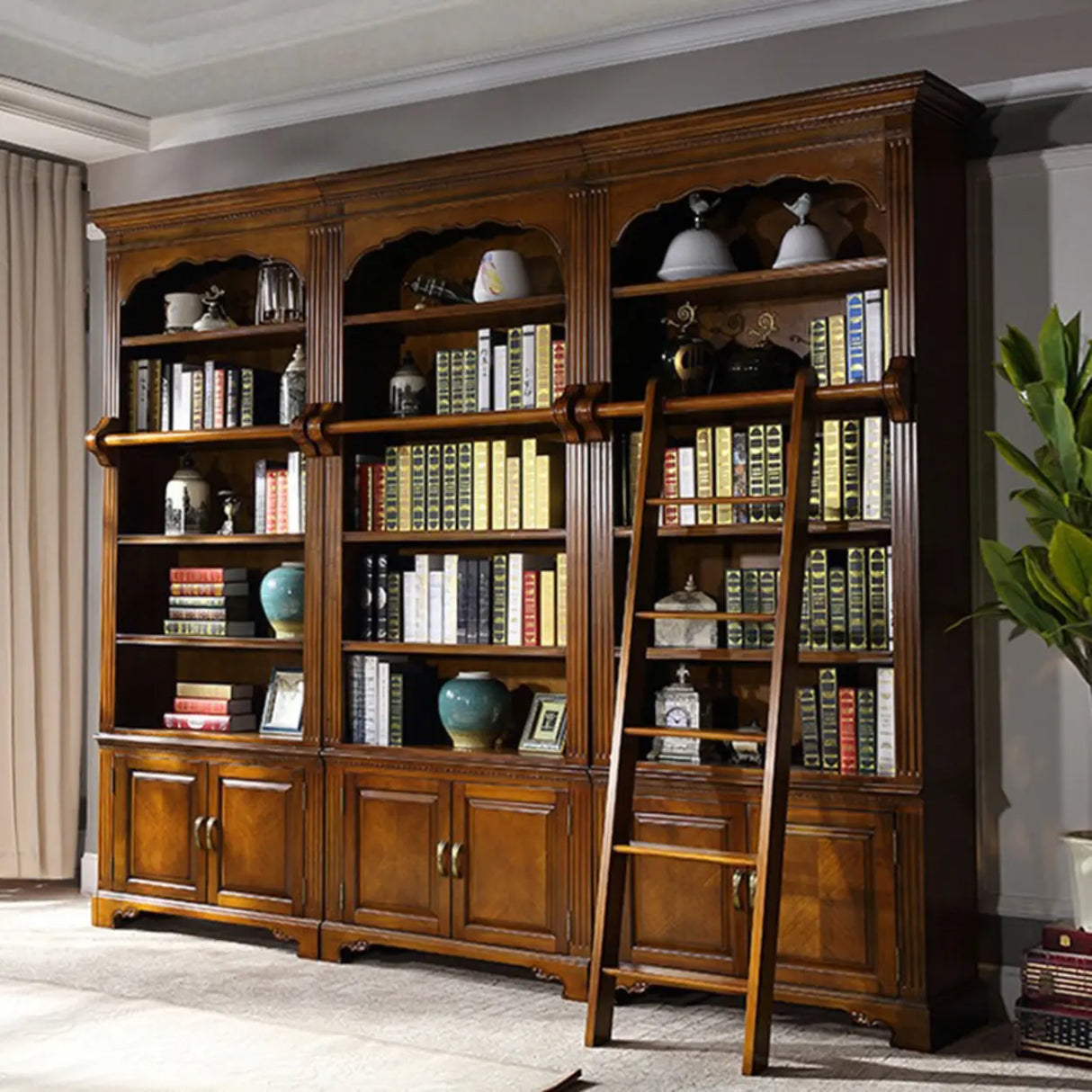 Classic Storage Cabinet Brown Wooden Large Bookcase Image - 4