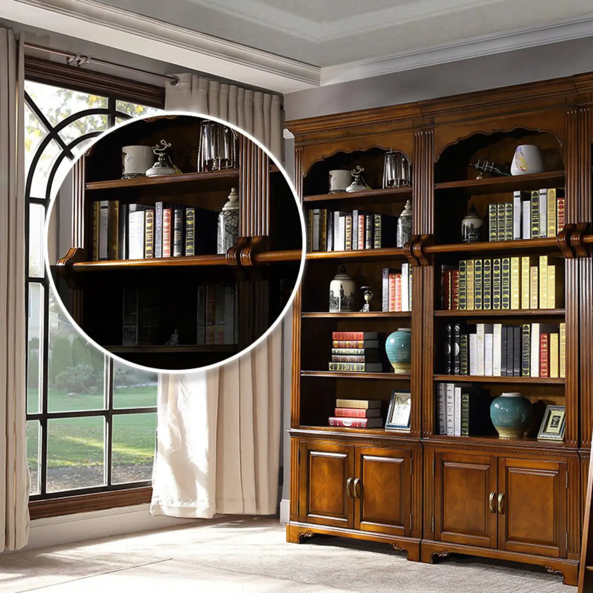 Classic Storage Cabinet Brown Wooden Large Bookcase Image - 7