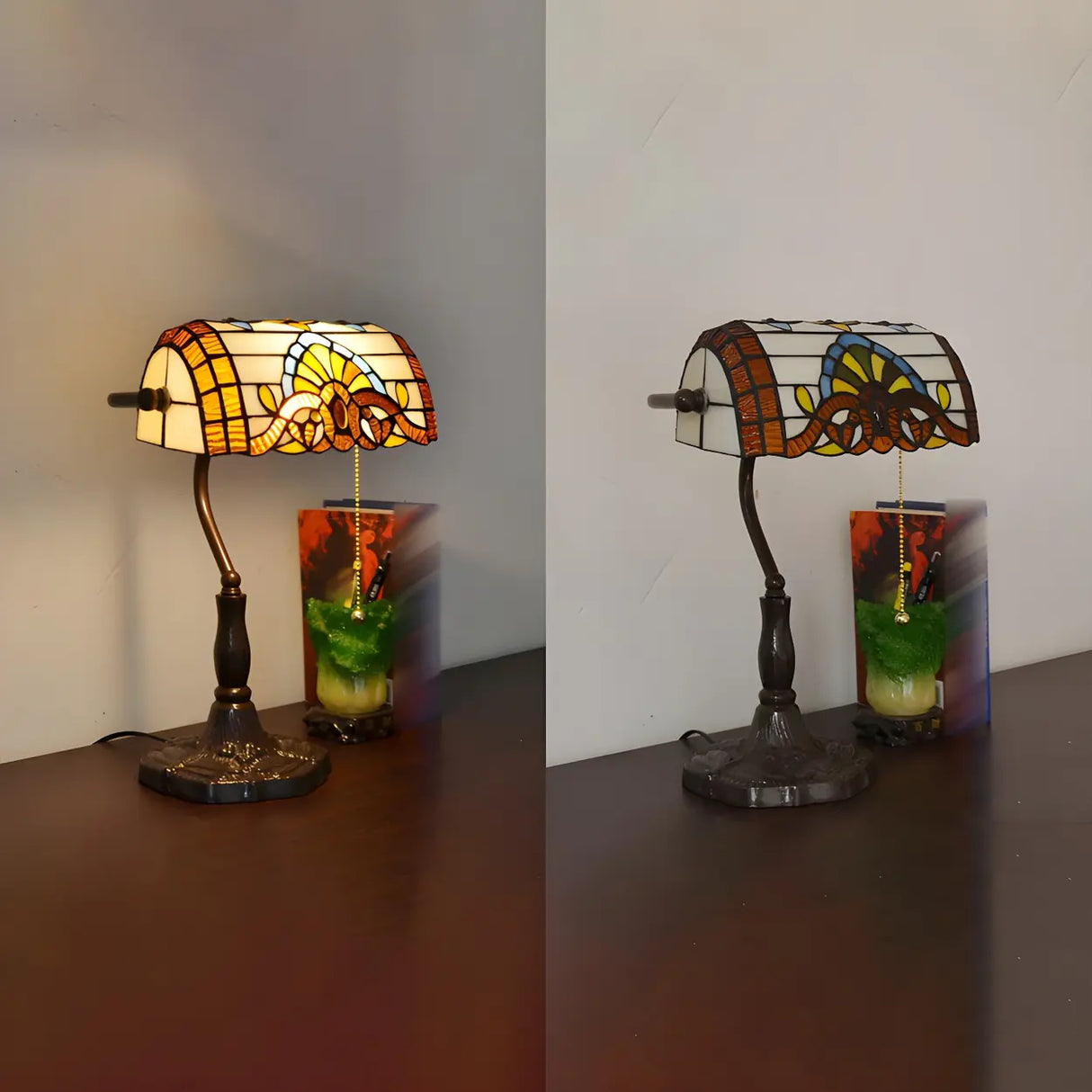 Classic Tiffany Style Banker Stained Glass Table Lamp Image - 7