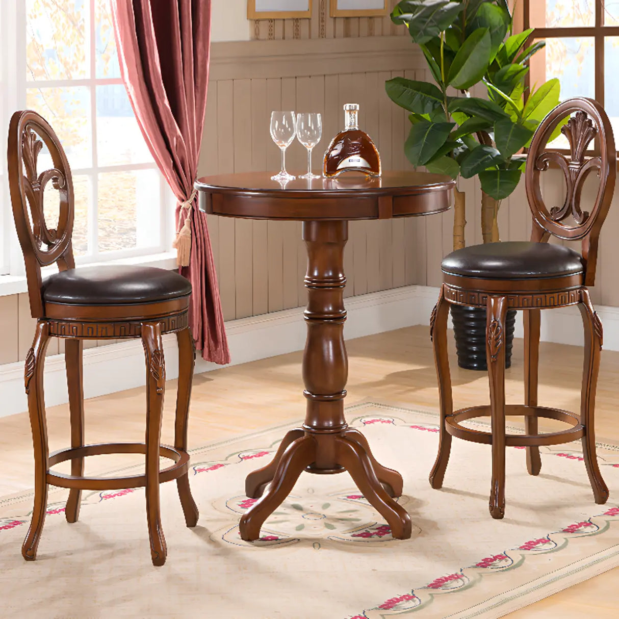 Classic Traditional Brown Wood Round Pedestal Bar Table Image - 1