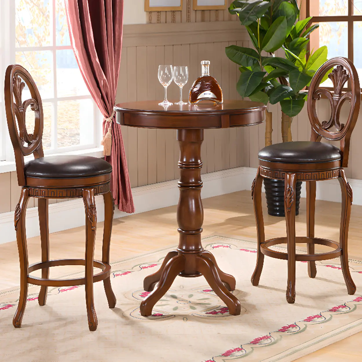 Classic Traditional Brown Wood Round Pedestal Bar Table Image - 1