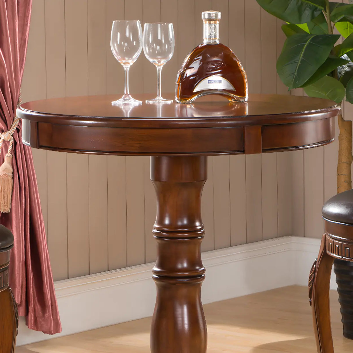 Classic Traditional Brown Wood Round Pedestal Bar Table Image - 3
