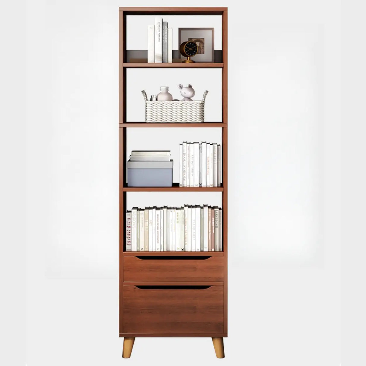 Classic Walnut Rectangular Wood Drawers Narrow Bookcase Image - 10