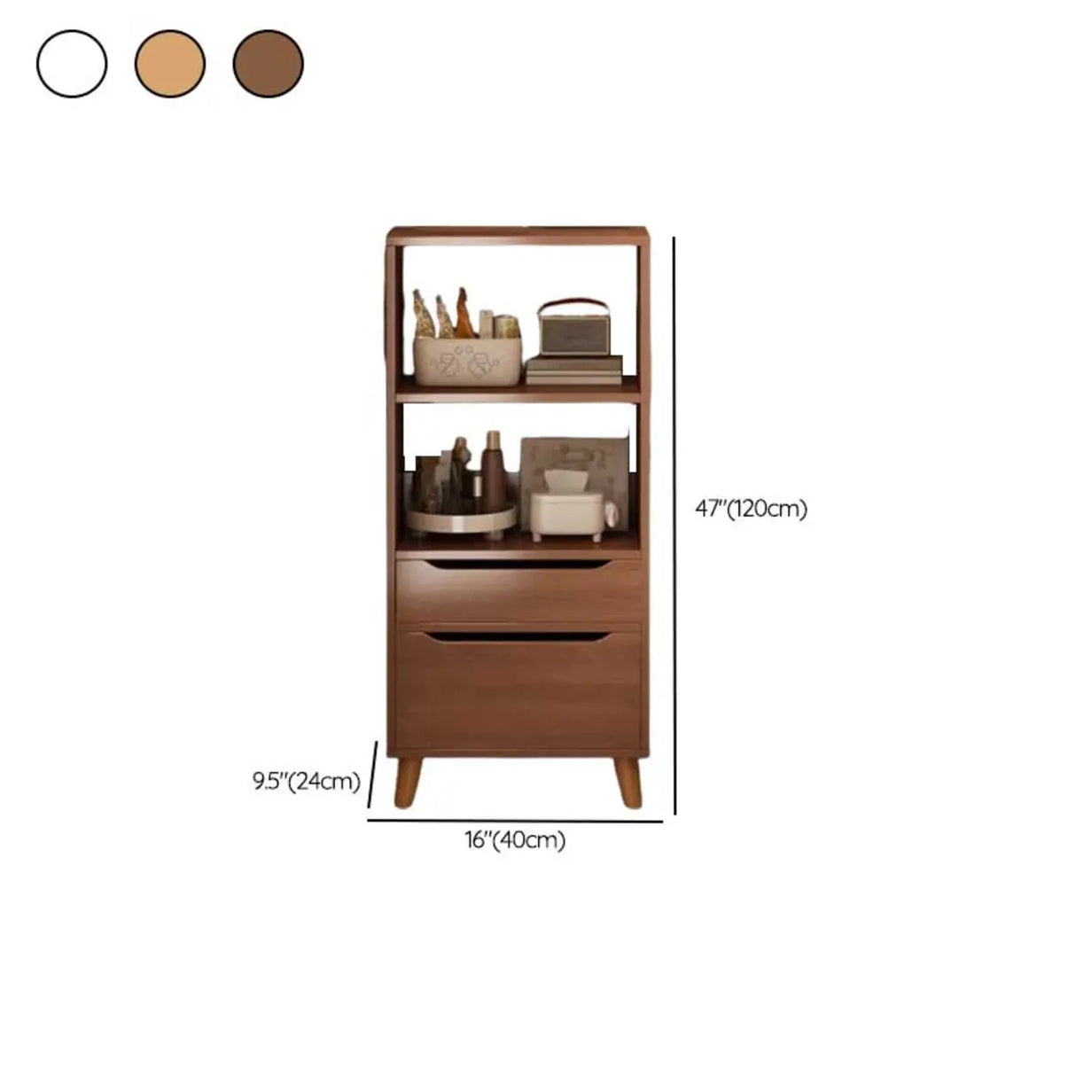 Classic Walnut Rectangular Wood Drawers Narrow Bookcase 