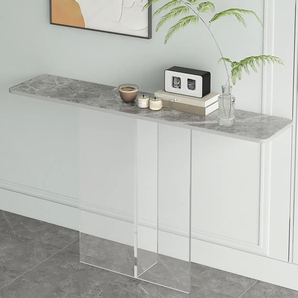 Clear Base Rectangular Marble Top Hallway Console Table Image - 11