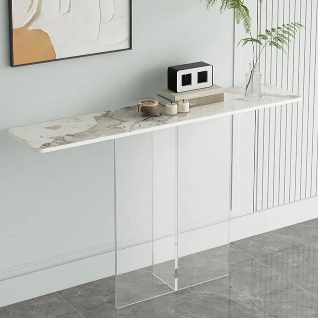 Clear Base Rectangular Marble Top Hallway Console Table Image - 1